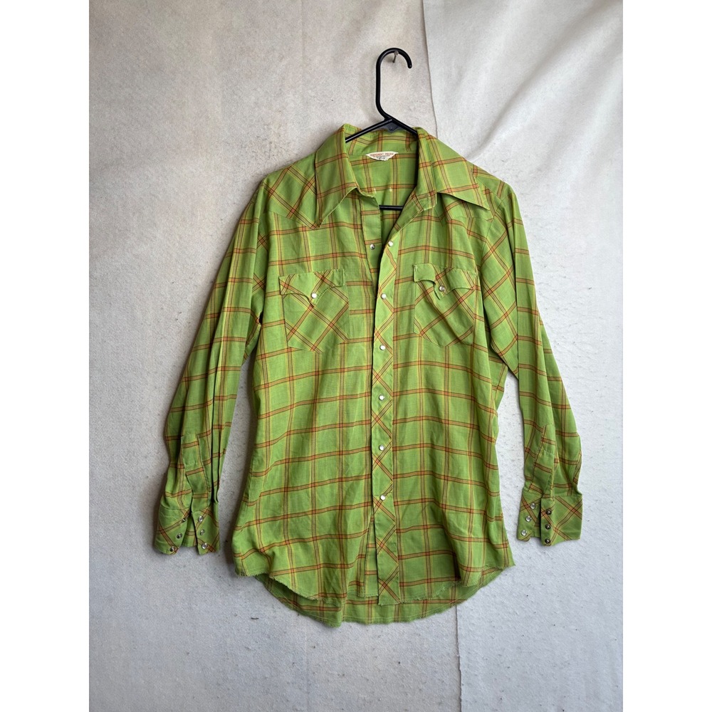 Vintage Mens Lime Green Plaid Western Pearl Snap Shirt Long Tail Rockabilly 15.5